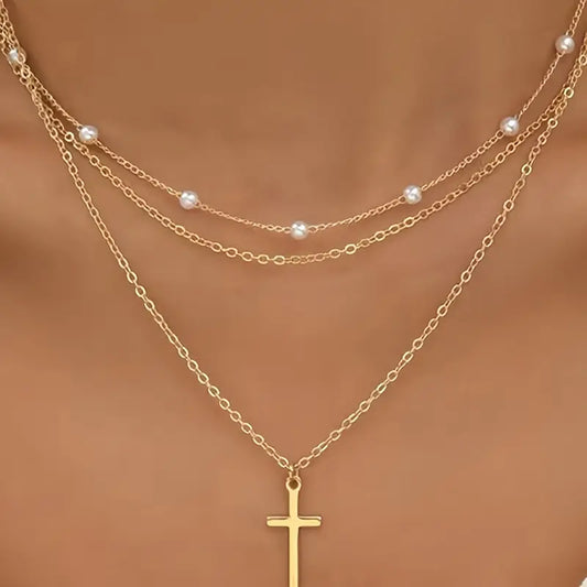 2pcs Multi-Layered Faux Pearl Choker Necklaces with Cross Pendant