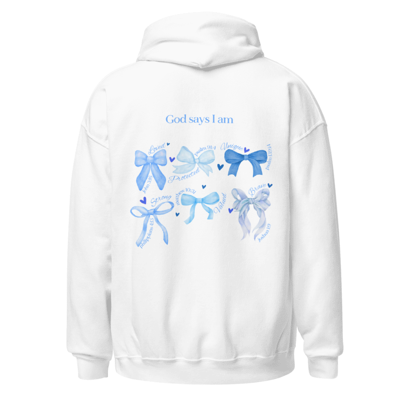 "God says I am" Blue Bow Classic White Hoodie