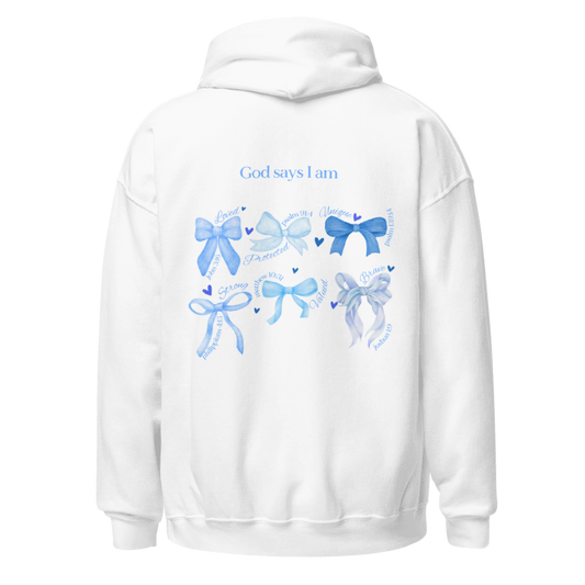 "God says I am" Blue Bow Classic White Hoodie