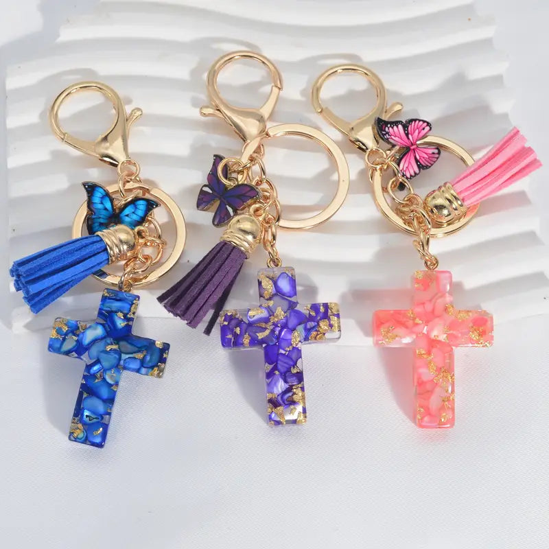 Cross Keychain with Butterfly Tassel Decoration
