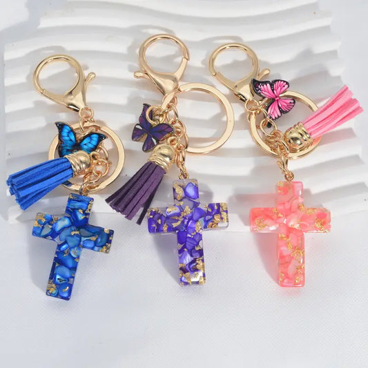 Cross Keychain with Butterfly Tassel Decoration