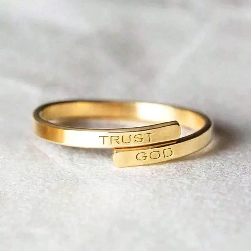 Stainless Steel Open Ring with "TRUST GOD" Engraving