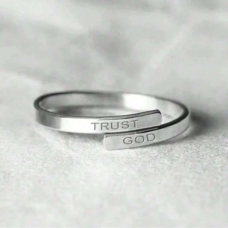 Stainless Steel Open Ring with "TRUST GOD" Engraving