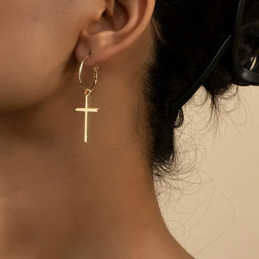 Golden Cross Design Dangle Earrings