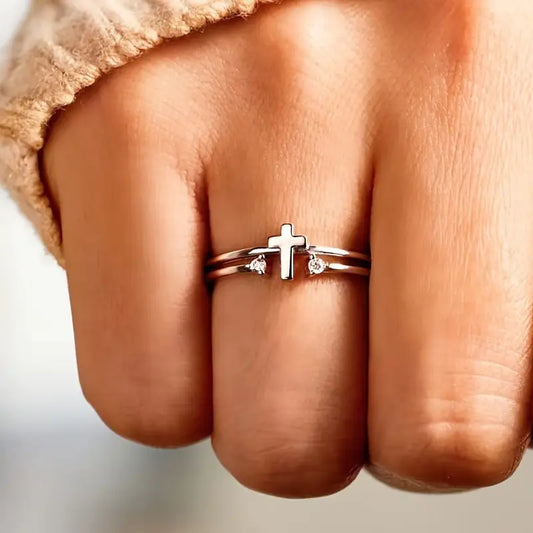 Stainless Steel Cross Ring with Synthetic Zirconia Stones