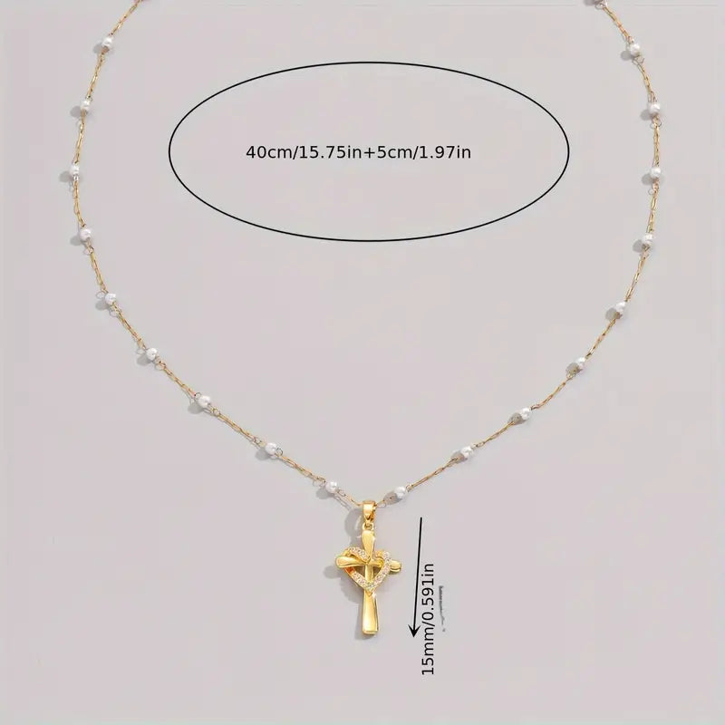 Gold-Plated Stainless Steel Cross Pendant Necklace with Cubic Zirconia