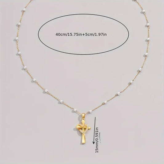 Gold-Plated Stainless Steel Cross Pendant Necklace with Cubic Zirconia
