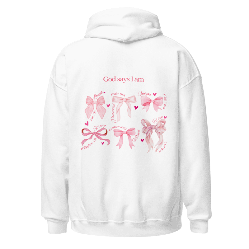 "God says I am" Pink Bow Classic White Hoodie
