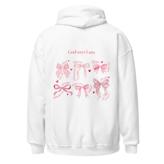 "God says I am" Pink Bow Classic White Hoodie