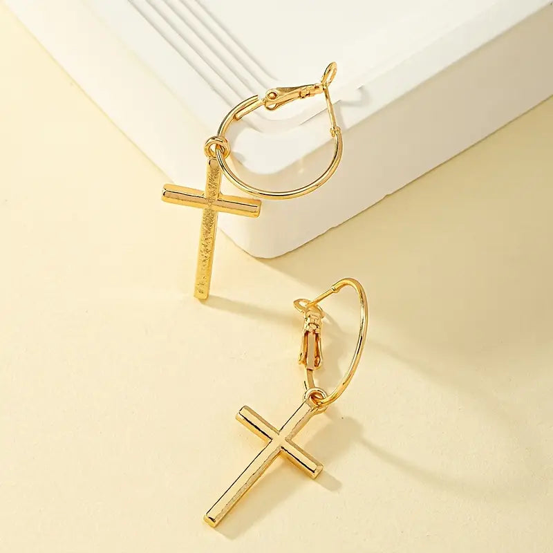 Golden Cross Design Dangle Earrings