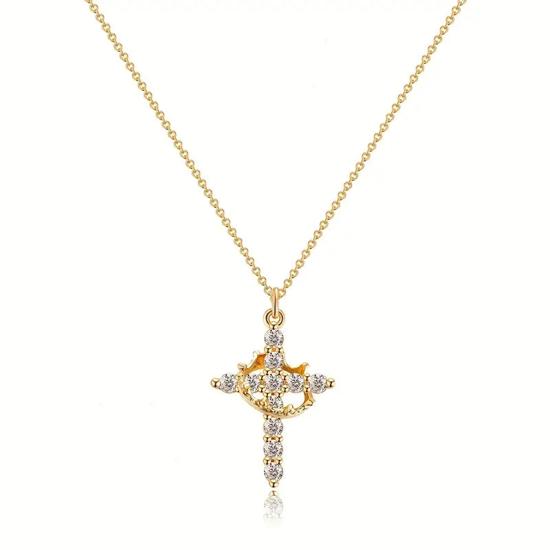Stainless Steel Rotating Crown Cross Necklace – Available in Gold and Silver