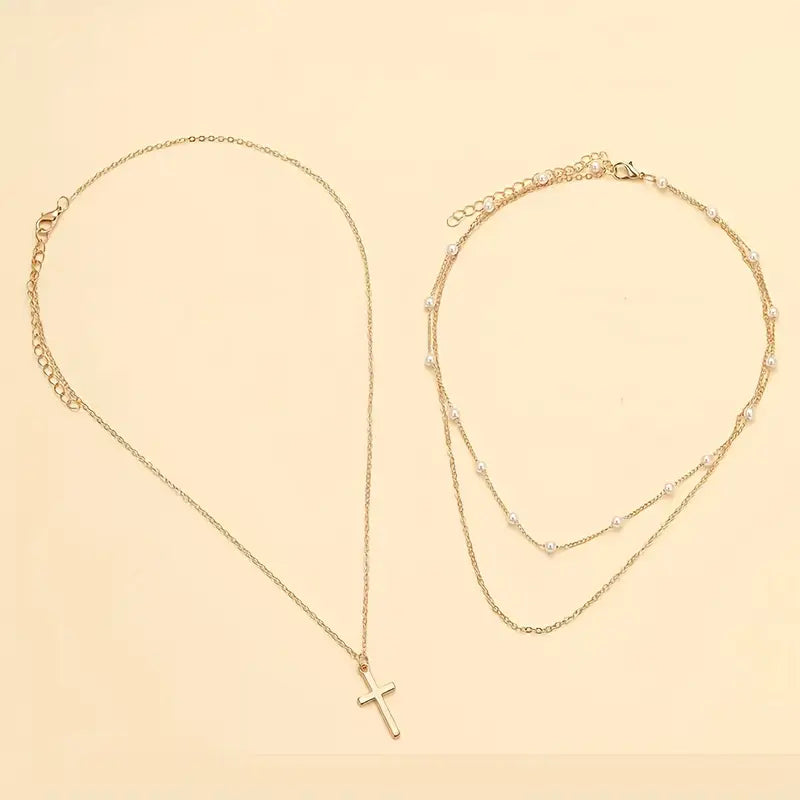 2pcs Multi-Layered Faux Pearl Choker Necklaces with Cross Pendant