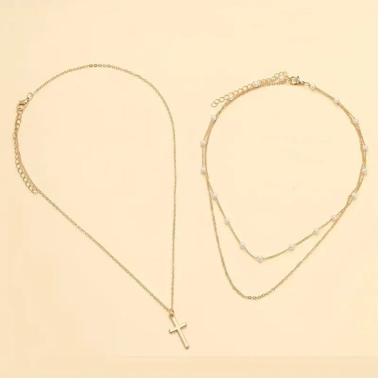 2pcs Multi-Layered Faux Pearl Choker Necklaces with Cross Pendant