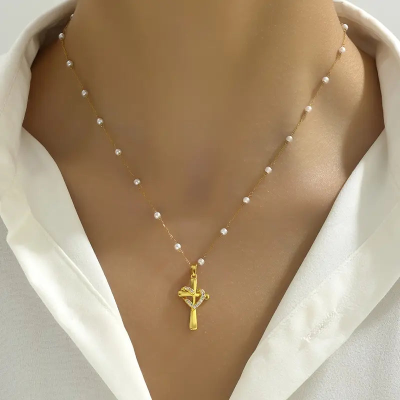 Gold-Plated Stainless Steel Cross Pendant Necklace with Cubic Zirconia