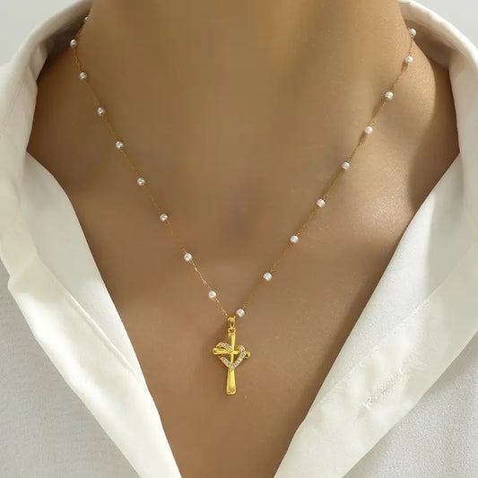 Gold-Plated Stainless Steel Cross Pendant Necklace with Cubic Zirconia