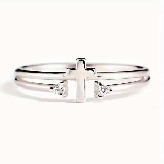 Stainless Steel Cross Ring with Synthetic Zirconia Stones