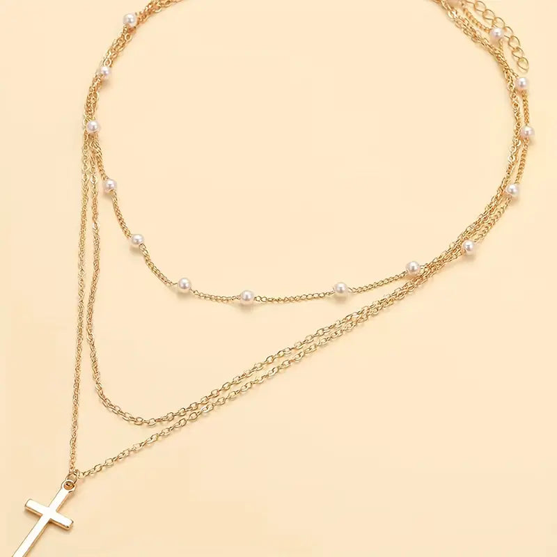 2pcs Multi-Layered Faux Pearl Choker Necklaces with Cross Pendant