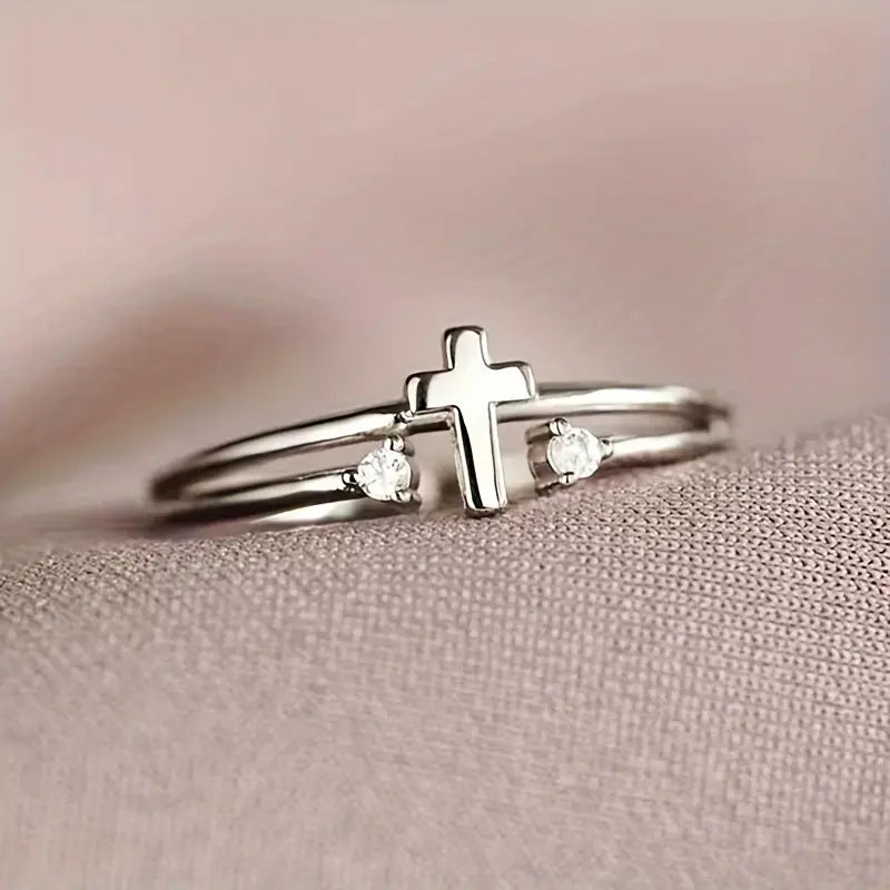 Stainless Steel Cross Ring with Synthetic Zirconia Stones