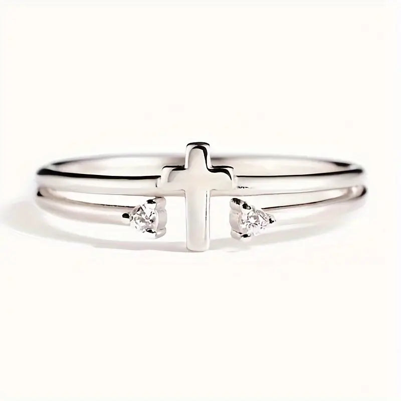 Stainless Steel Cross Ring with Synthetic Zirconia Stones